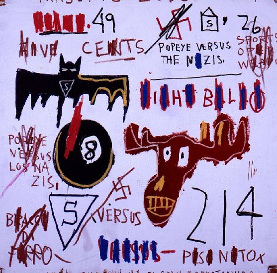 Jean-Michel Basquiat, TV And Cruelty To Animals
1983, Acrylic and oil paint stick on canvas with exposed wood support strech