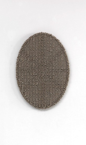 Haegue Yang, Sonic Rotating Oval - Nickel Plated #10
2013, Wall-mounted sculpture, powder coating, steel sheet, ball hearings, metal grid, nickel plated bells